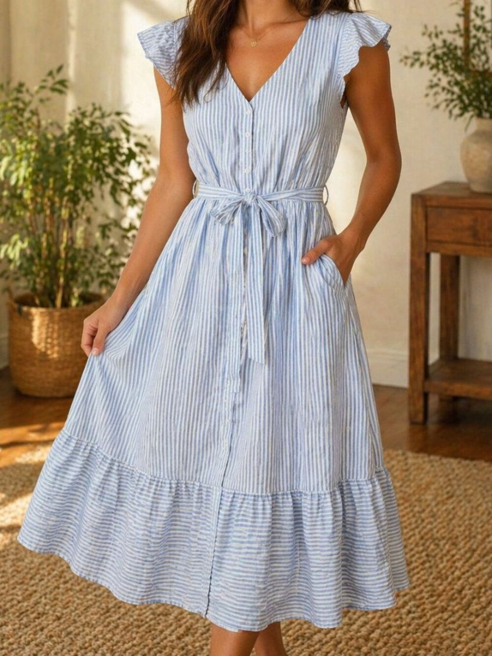Pale Sky Blue and White Striped Capped Sleeve Dress with Tie Waist Size S